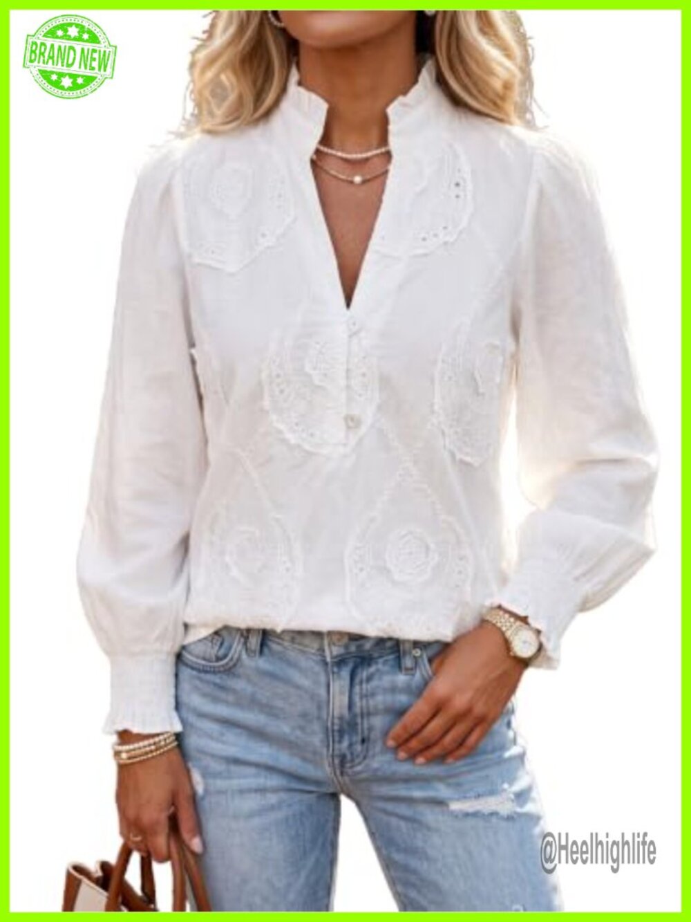 100% Cotton Embroidered Blouse Long Sleeve Ruffle Neck Top